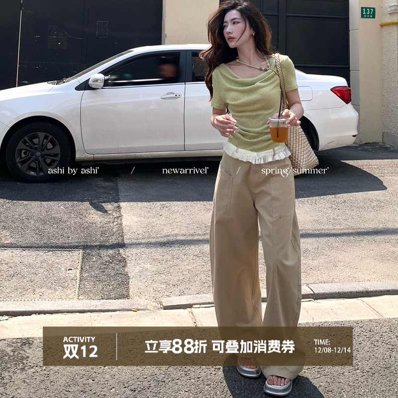 大于诗集 半身悸动 蕾丝拼接高腰弯刀裤女显瘦阔腿裤休闲裤长裤夏