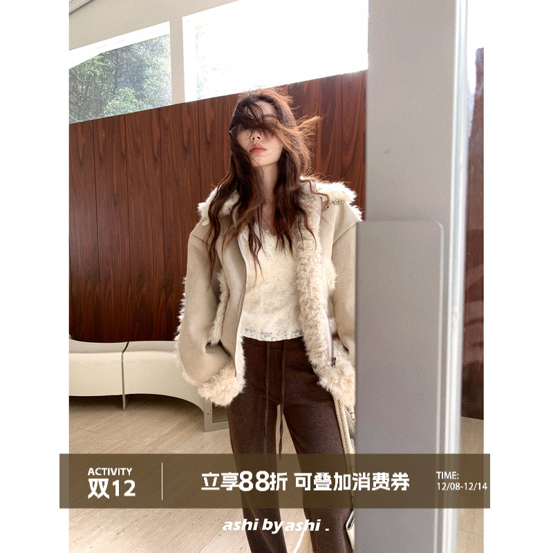 大于诗集 巴斯奶兔 仿皮草皮毛一体拼接机车夹克女宽松加厚外套冬