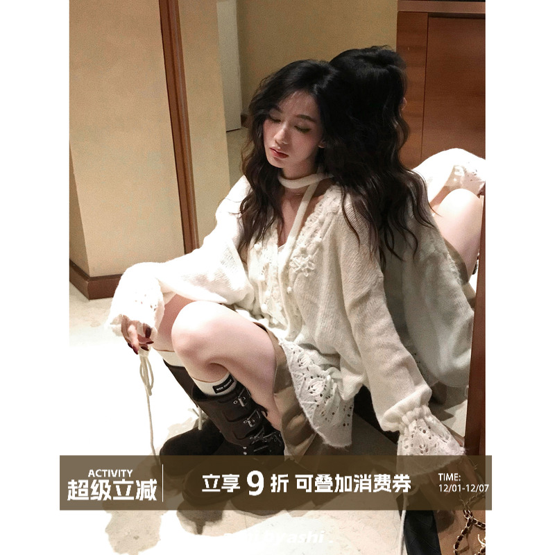 大于诗集 月光手书 马海毛重工连帽勾花针织开衫女慵懒宽松毛衣秋