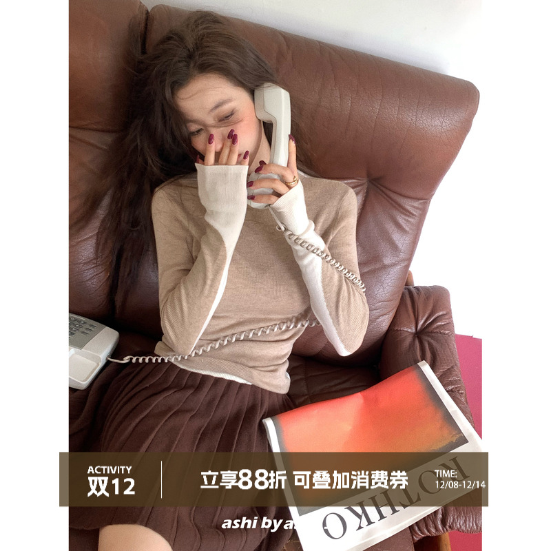 大于诗集 调色师 法式6羊毛撞色高领正反两穿针织衫女修身打底衫