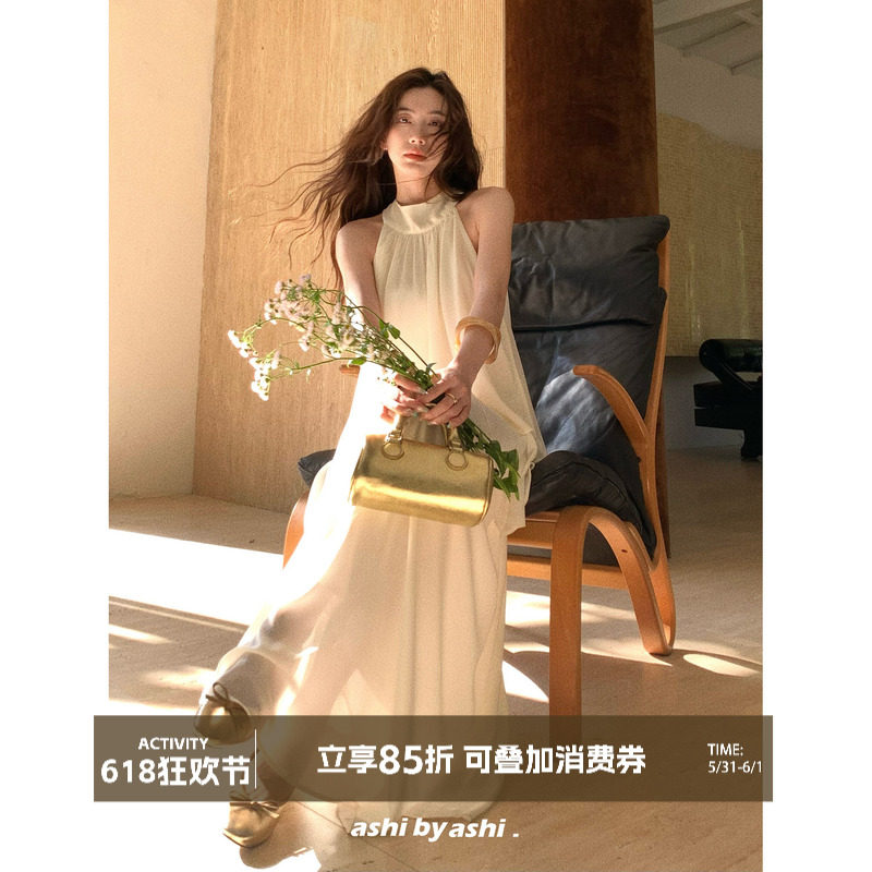 大于诗集 摇曳小白花 不规则挂脖无袖雪纺衫女a字半身裙清冷套装