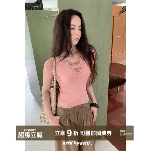 大于诗集 玫瑰可露丽 复古法式V领显瘦薄款针织衫女简约短袖T恤夏