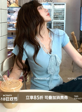 大于诗集 爆款衍生 法式蕾丝花边V领针织修身显瘦短袖T恤上衣女夏