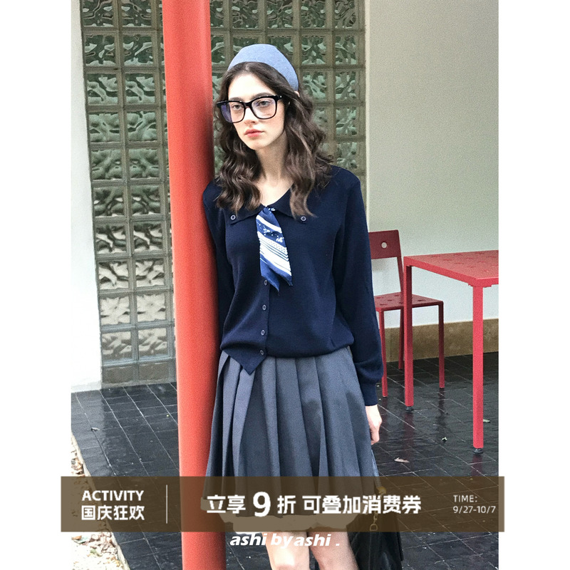 大于诗集 geek女郎 拼接丝巾设计感显瘦翻领针织衫女韩版宽松上衣