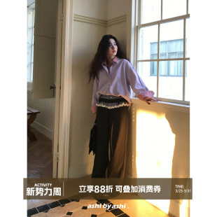 女阔腿休闲裤 大于诗集 裤 格纹拼接花边双腰头宽松西装 秋 都市主角