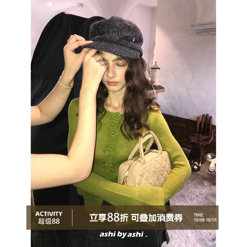 大于诗集抹茶玫瑰法式马海毛立体手工花朵毛衣修身长袖针织衫上衣