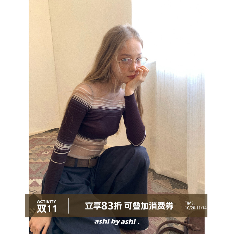 大于诗集 毕加索线条 美拉德半高领复古条纹网纱拼接上衣女针织衫