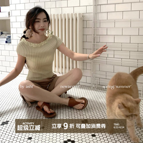 大于诗集 西西里午后蕾丝花边蝴蝶结一字肩短款针织T恤女修身上衣