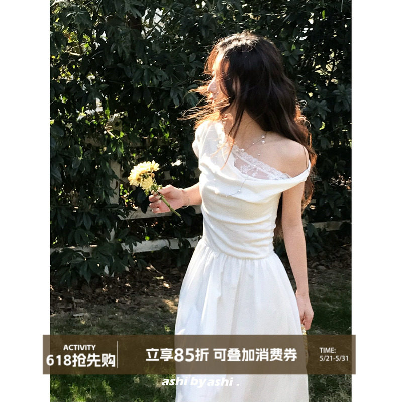 大于诗集 白月光手书 假两件法式蕾丝露肩连衣裙女设计感收腰长裙