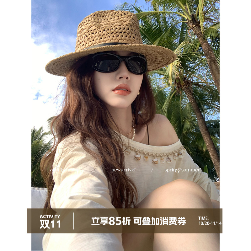 大于诗集 海岛 holiday度假亮片拼接斜领宽松休闲百搭慵懒T恤