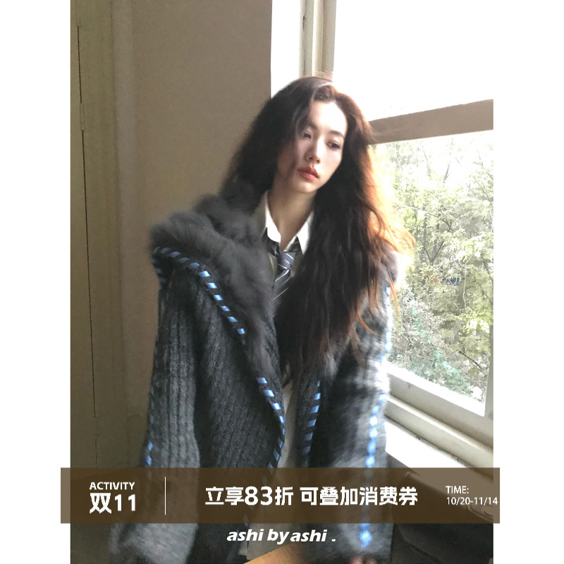 大于诗集 凛冬恋歌 大翻领狐狸毛海军领针织开衫女加厚毛衣外套冬