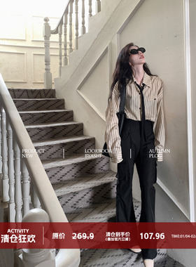 大于诗集 复古多口袋黑色工装裤长裤女小个子显瘦喇叭裤休闲裤秋