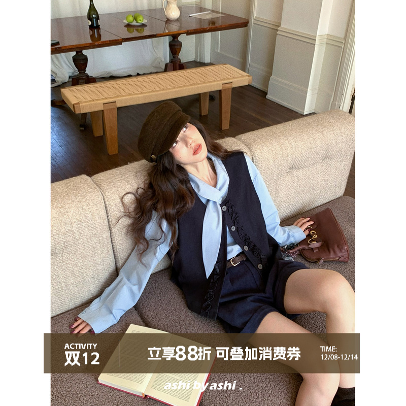 大于诗集 剑桥故事 法式复古木耳边无袖马甲女甜美西装背心秋冬季