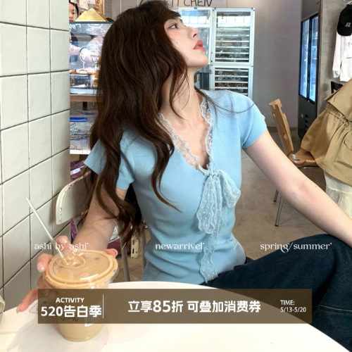大于诗集 爆款衍生 法式蕾丝花边V领针织修身显瘦短袖T恤上衣女夏