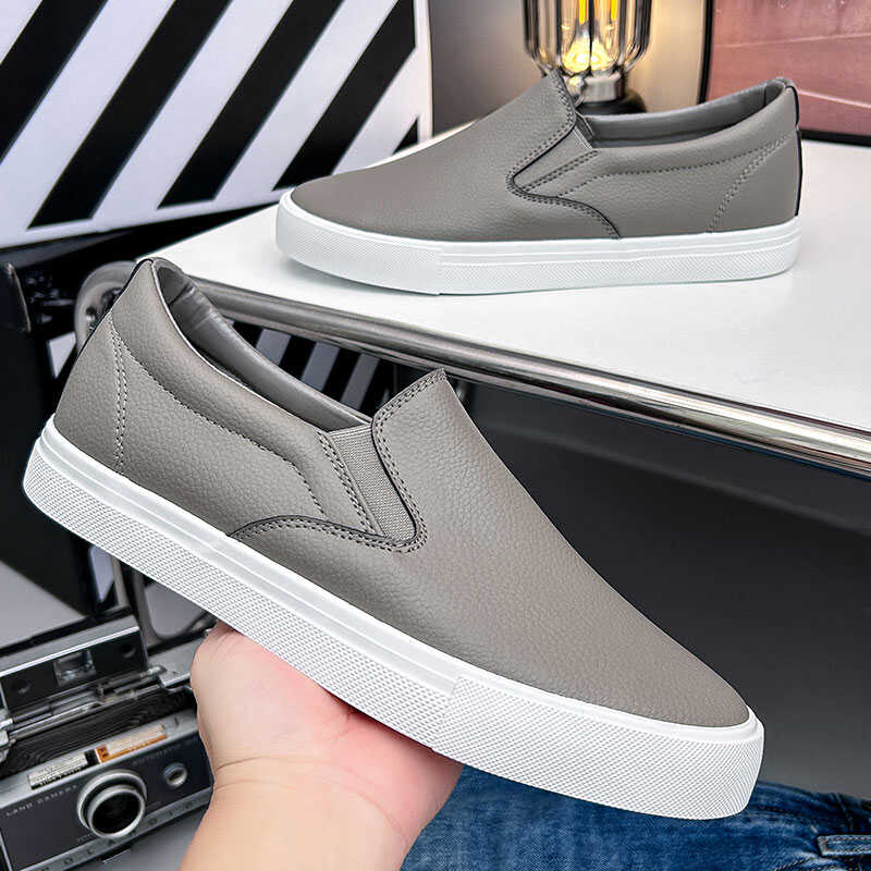 无鞋带男鞋2025春季韩版潮流百搭皮面鞋一脚蹬男式休闲套脚懒人鞋