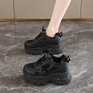 黑色内增高老爹鞋女网面透气单鞋2026春季新款矮个子增高8cm烫钻