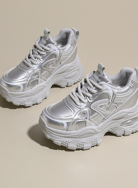 皮面内增高女鞋2026春季新款公主风增高8cm老爹鞋银色休闲运动鞋