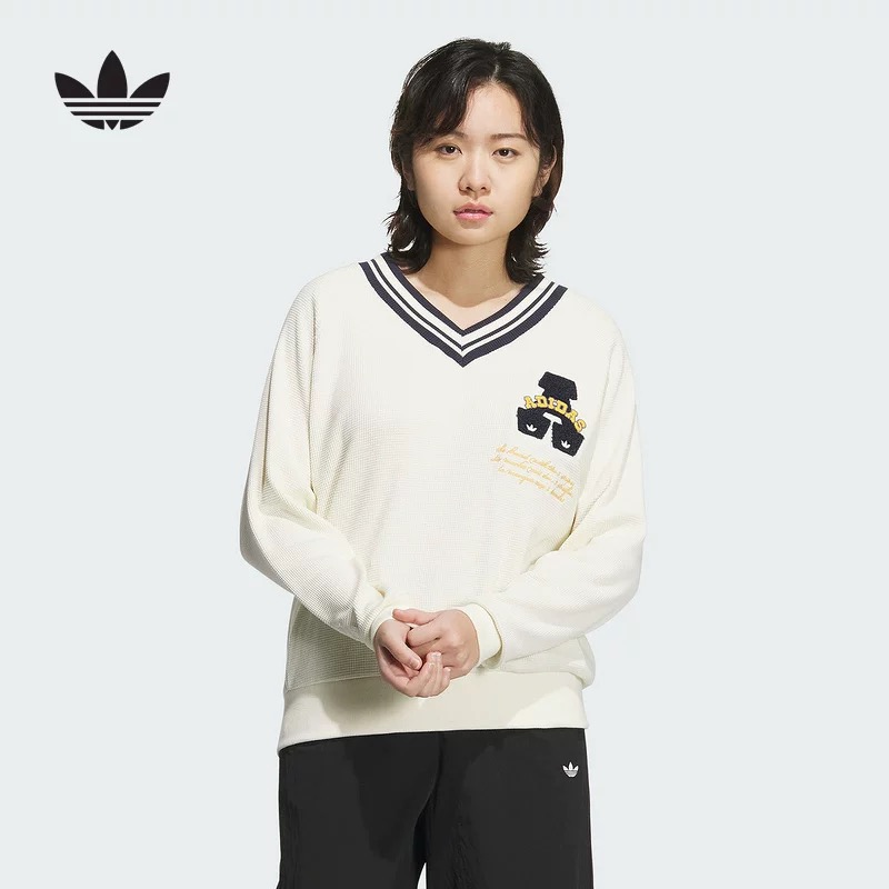 adidas复古运动风V领撞色条纹毛衣女百搭针织衫JD6377