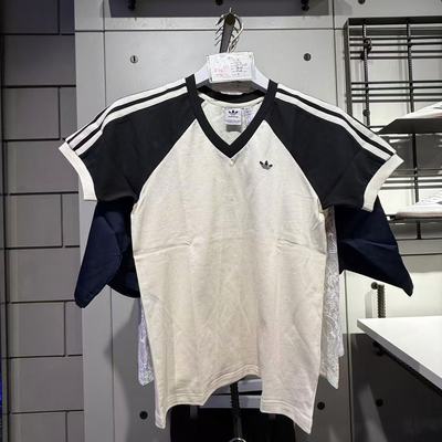 Adidas三叶草短袖女三条纹V领拼接纯棉休闲运动T恤KE6163 KF0316