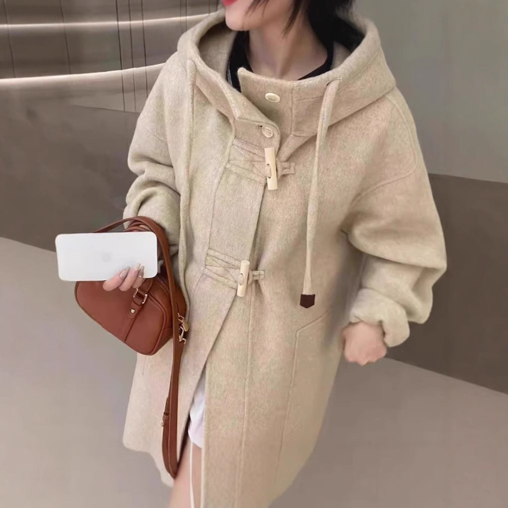 高级感连帽中长款2024年新款双面羊绒大衣女牛角扣加厚羊毛呢