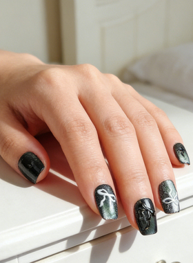 短款浮雕款蝴蝶结网纹猫眼穿戴甲黑色渐变美甲预制分码甲片