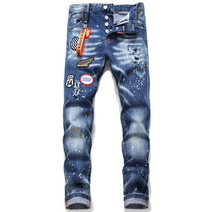 slim patch men New Jeans hole paint broken fit stretch