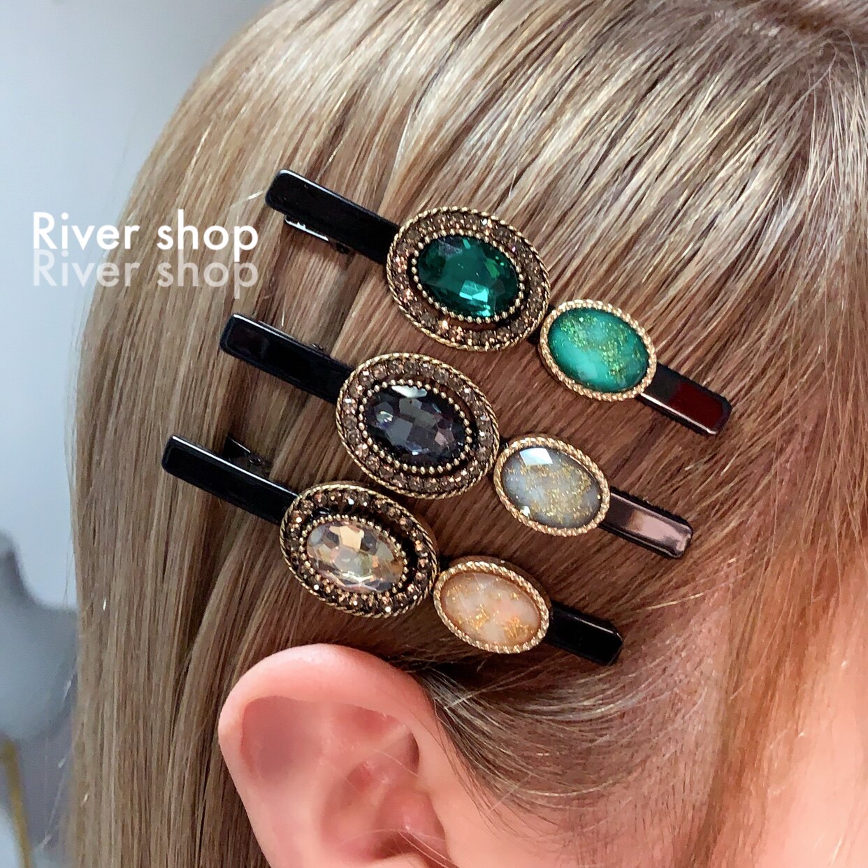 6cm椭圆形宝石【鸭嘴夹】韩国发饰捏夹侧边夹碎发夹