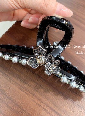 专柜货～13cm青灰色珍珠闪钻立体花【抓夹/鲨鱼夹】韩国东大门