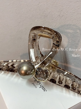 13cm冰透茶色水晶青灰色珍珠【抓夹】韩国发饰鎏金包边全盘发