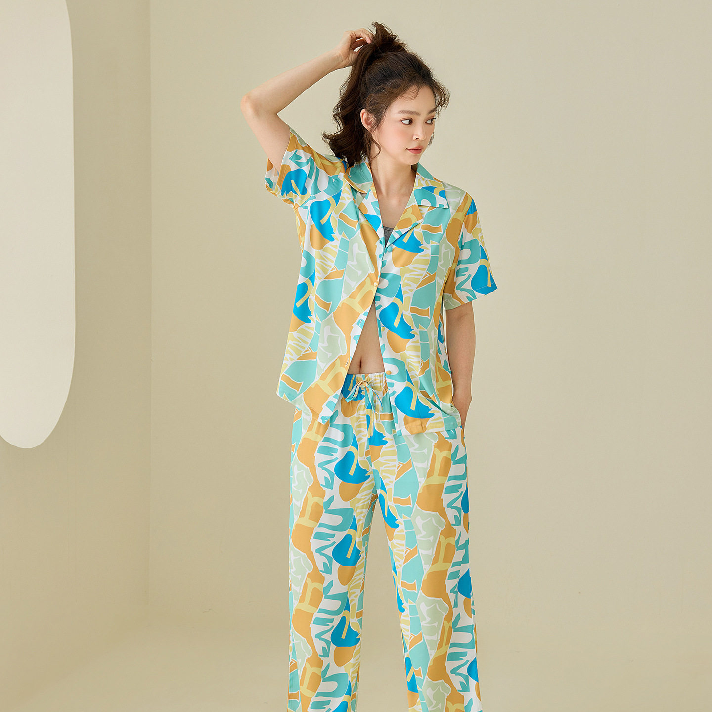 夏季新款青橙撞色抽象几何印花睡衣女短袖长裤开衫家居服两件套装