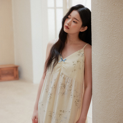 新中式国风竹子带胸垫纯棉吊带睡裙女抑菌防螨A类棉纱睡衣家居服