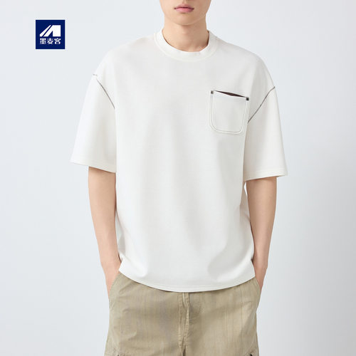 墨麦客男装美式休闲明辑线t恤男2026春新款撞色口袋短袖男75192.