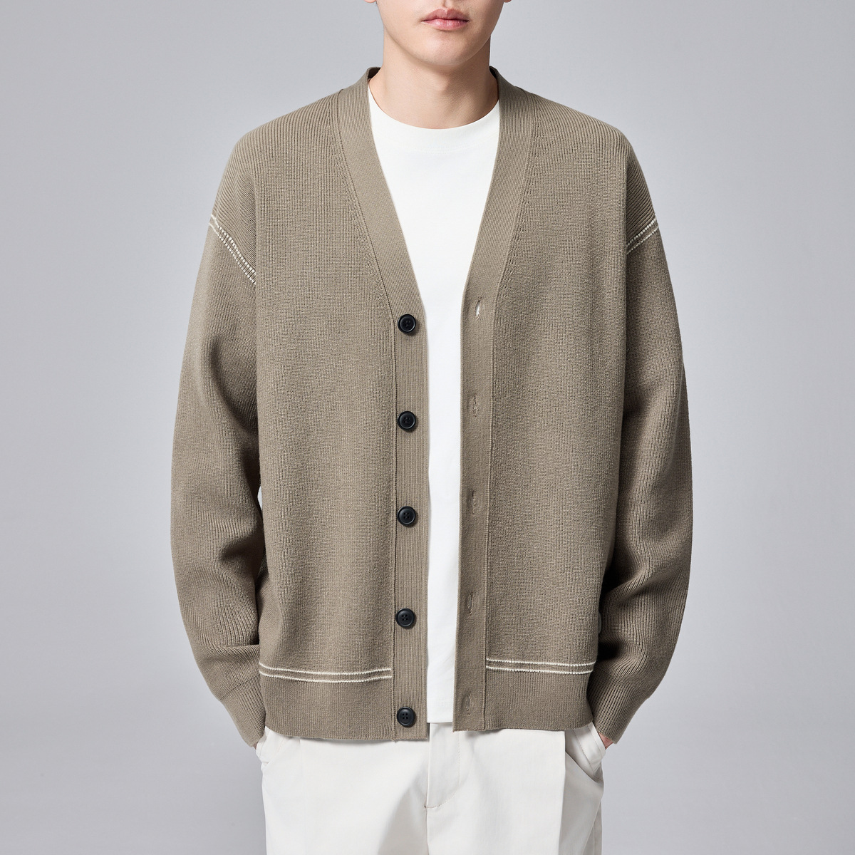 墨麦客男装撞色虚线针织开衫男士2025春秋季新款V领休闲外套男潮