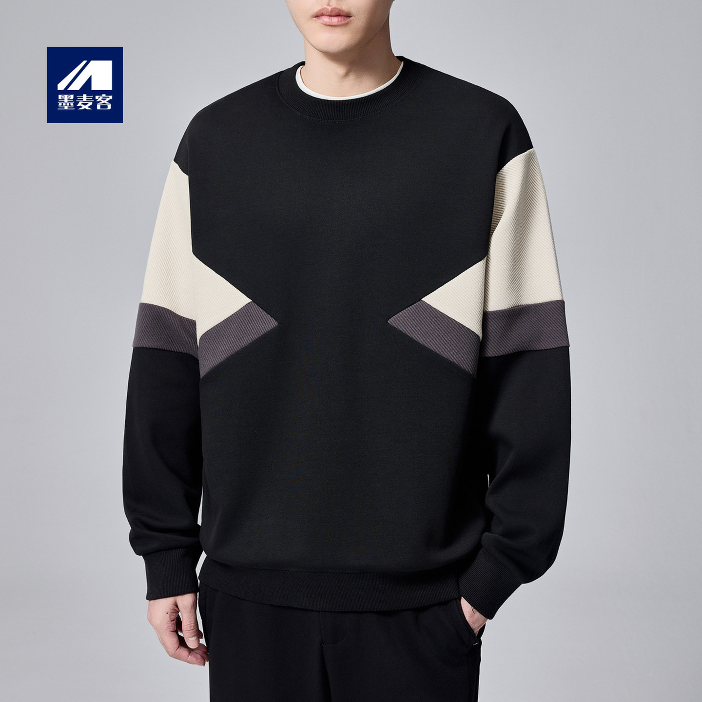 墨麦客男装撞色拼接男士休闲圆领卫衣2025春季新款重磅肌理上衣男