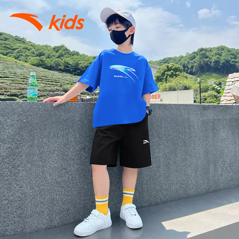 安踏男童夏装运动套装2025新款夏季儿童速干短袖短裤冰丝蓝色童装