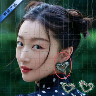 周冬雨明星同款耳环女银针韩版时尚不规则绿色镶钻爱心耳钉耳饰品
