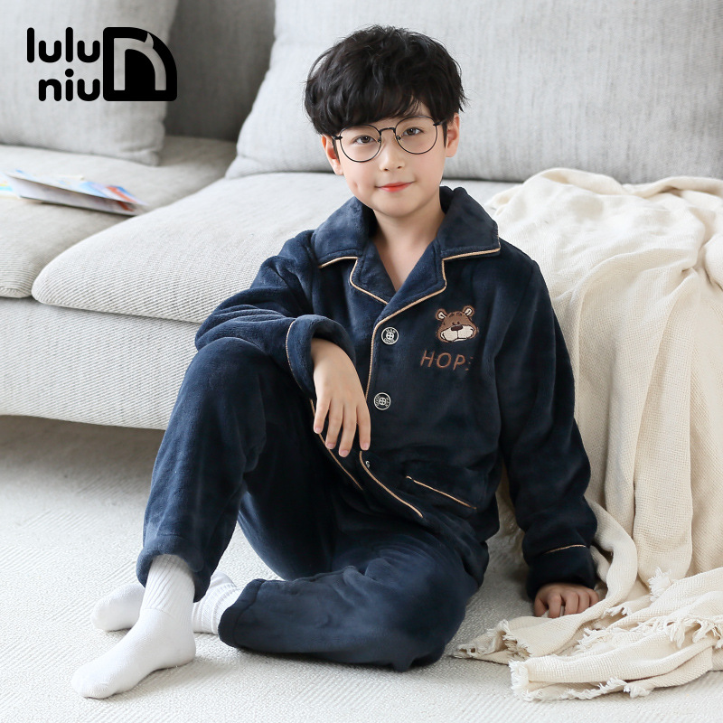 儿童睡衣套装秋冬男孩法兰绒加厚家居服中大男童青少年珊瑚绒睡衣