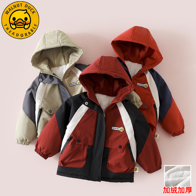 小黄鸭儿童棉服加绒加厚派克服2025冬新款男童女童红色外套新年装
