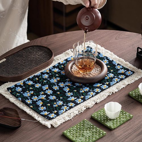 国风棉布繁花刺绣干泡席茶道配件茶室茶台茶席茶垫子桌布中式禅意