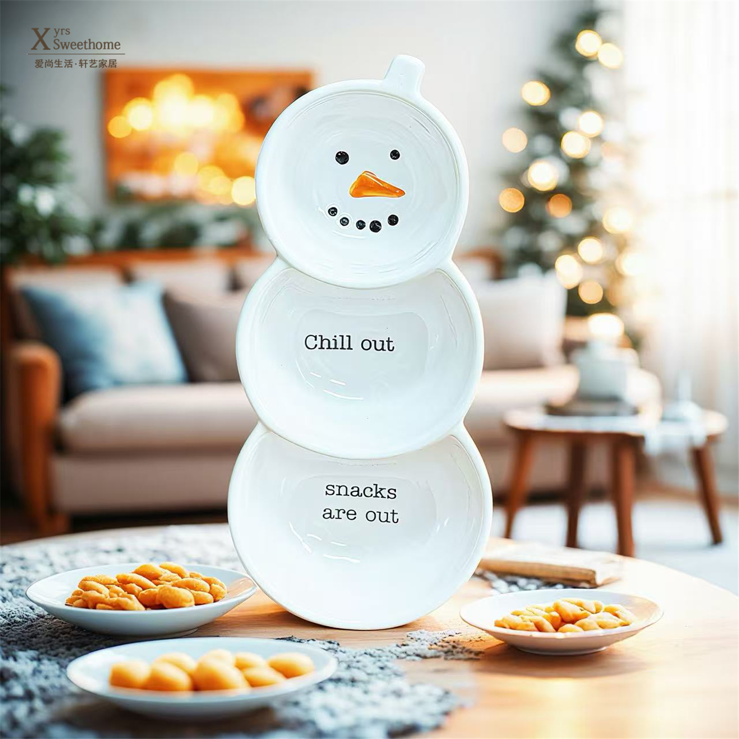 mud圣诞节雪人三格盘分格零食盘