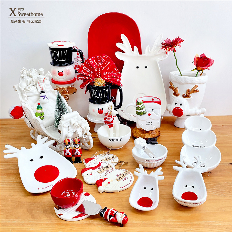 圣诞快乐餐具套装 驯鹿造型盘子 圣诞老人杯子雪人三连碗雪橇摆件,餐饮具,盘,淘宝优惠券,粉丝福利购,淘宝优惠卷