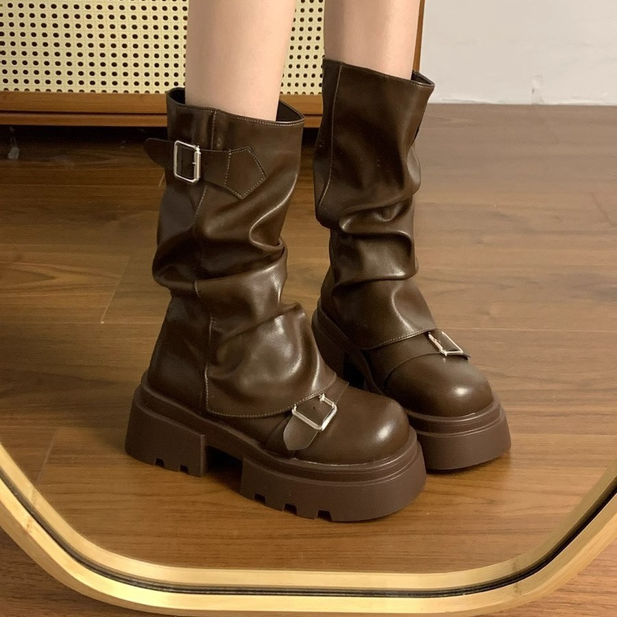 复古厚底马丁靴女2025新款春秋季美拉德堆堆靴中筒裤管靴女鞋