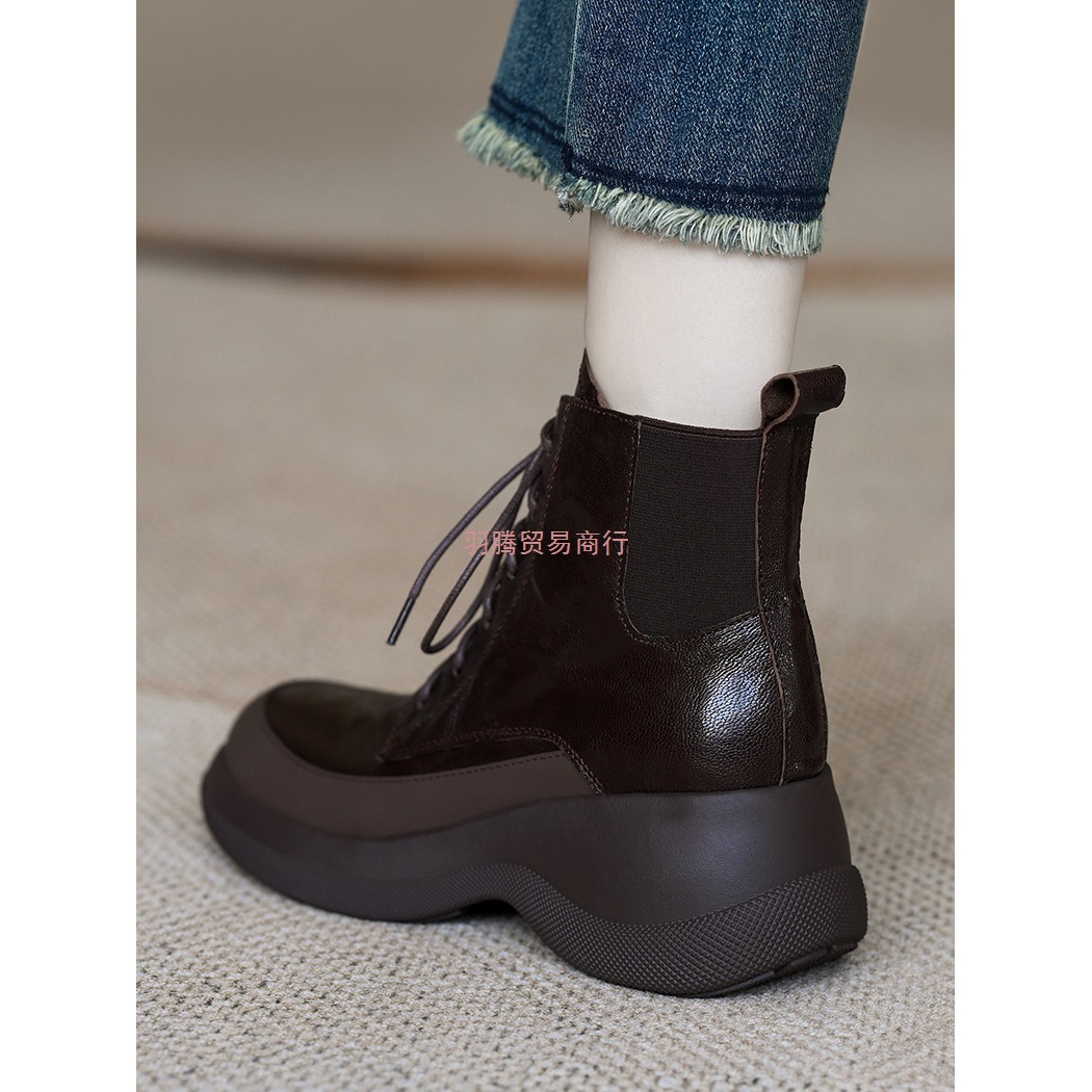 软羊皮复古马丁靴女春秋新款真皮高跟单靴小个子松糕厚底系带短靴