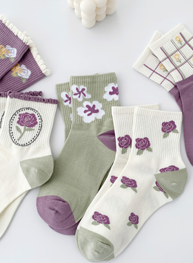 日系可爱纯棉袜子 女中筒袜ins潮白色百搭秋冬季紫色花朵甜美长袜