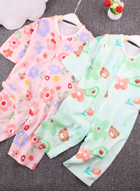 婴儿连体衣夏季男女宝宝棉绸按扣连体衣薄款中长袖封挡空调服爬服