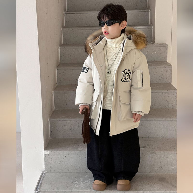 男童中长款大毛领羽绒服2025新款工装加厚新国标冬季90白鸭绒外套