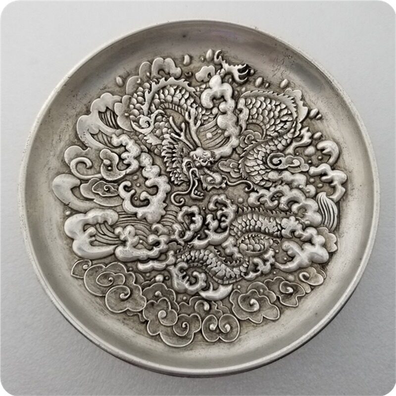 纯手工匠复古法作旧合金复刻道具仿古工艺品镀银浮雕龙腾四海盘子