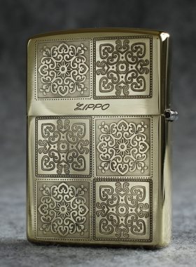 zippo煤油打火机官正品美国芝宝黄铜金色三面蚀刻格唐草富贵花开