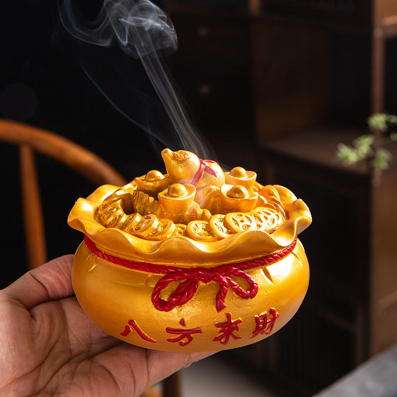 新房家居风茶几桌商务轻奢玄关艺术摆件树脂金红色聚宝盆禅意茶宠