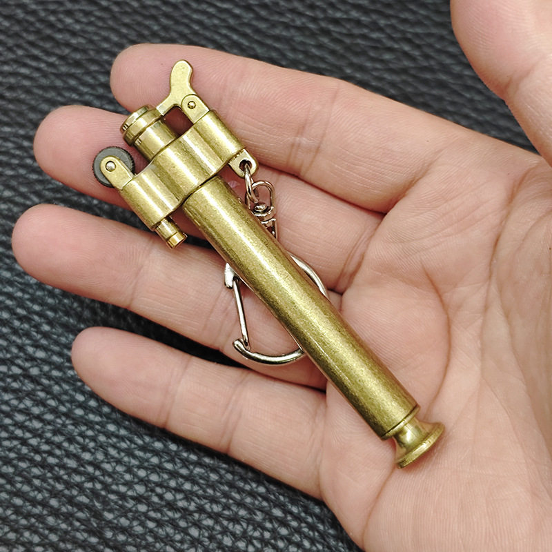 合金属青铜色滚花加细长条圆柱形砂轮煤油打火机便携钥匙扣挂件礼